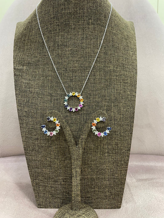 Комплект висулка и обеци с цветни скъпоценни камъни 7.14 карата