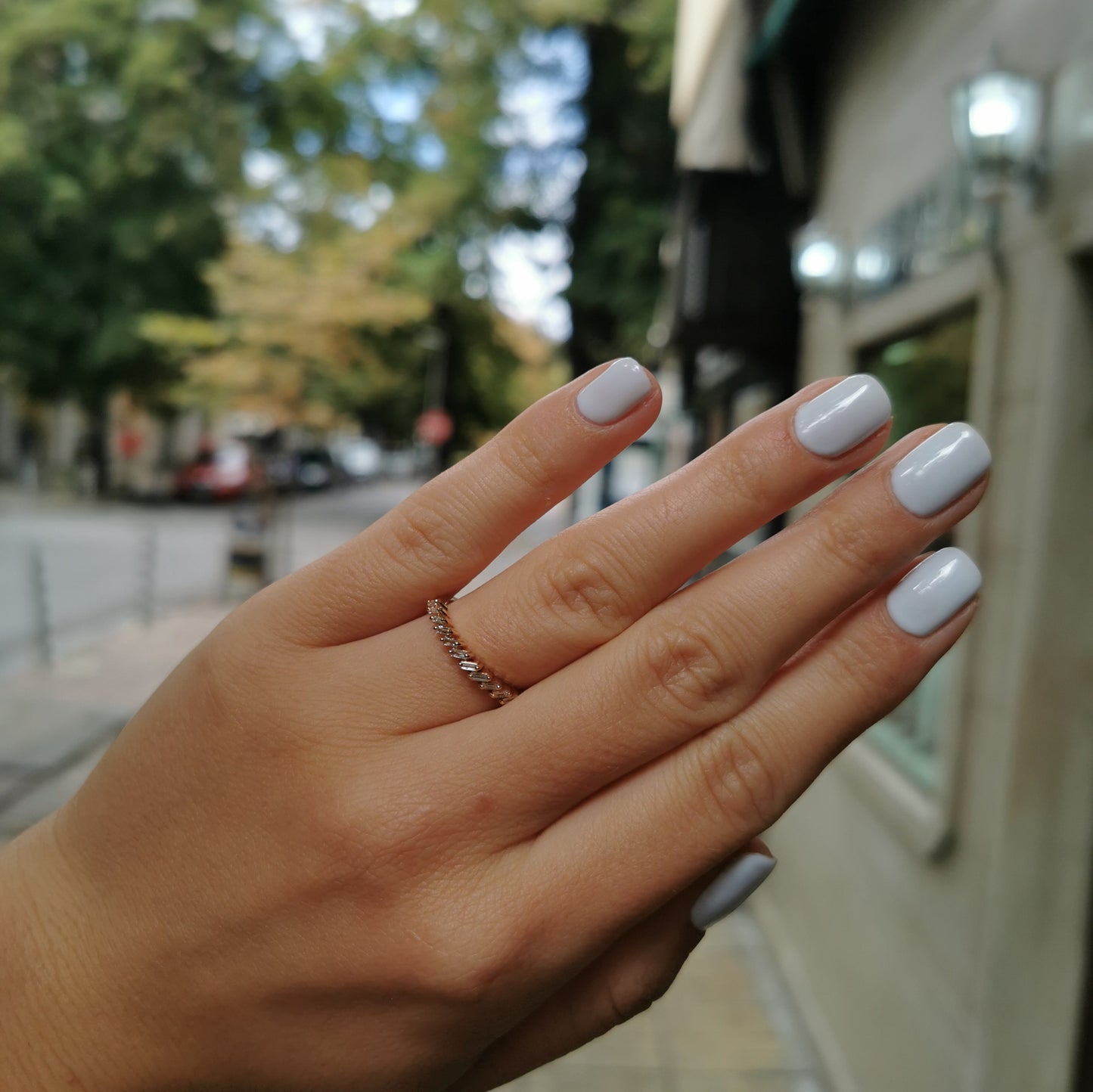 Дамска халка с диаманти във форма багет, изработена от 14 карата розово злато