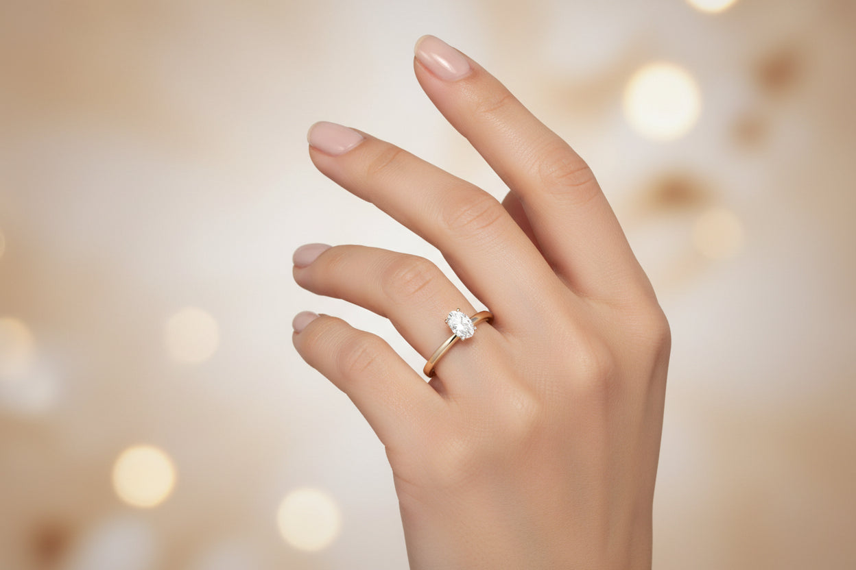 Годежен пръстен от розово злато с диамант овал