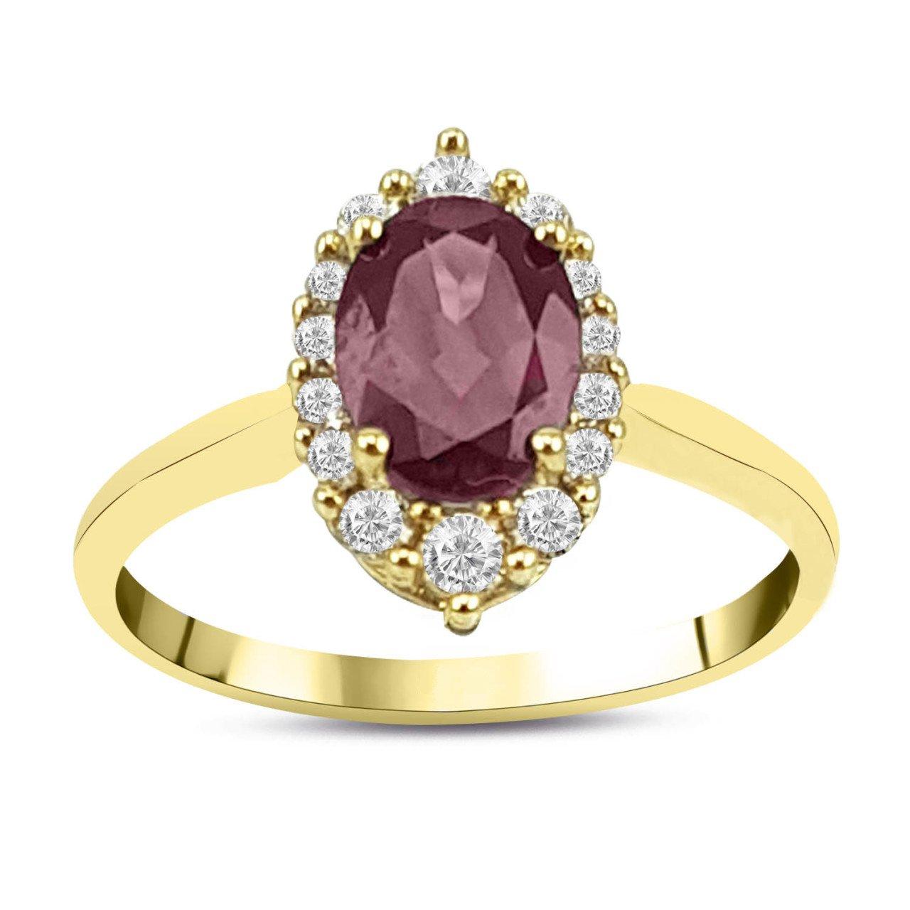 Жълто злато и родолит в съчетание с диаманти. С този пръстен ще заблестите!