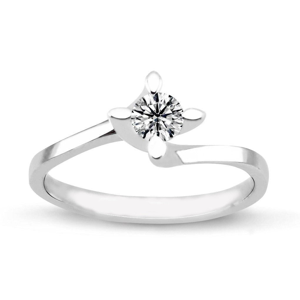 Пръстен с диамант с халка от бяло злато с извита форма