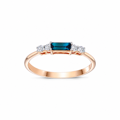 Дамски пръстен от розово злато със син диамант